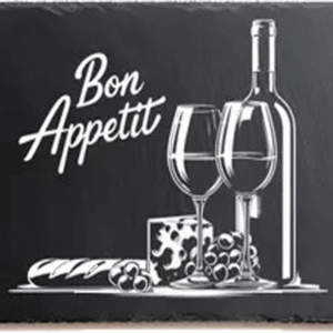 Schieferplatte 40 x 30 cm – Motiv „Wein, Baguette & Käse“